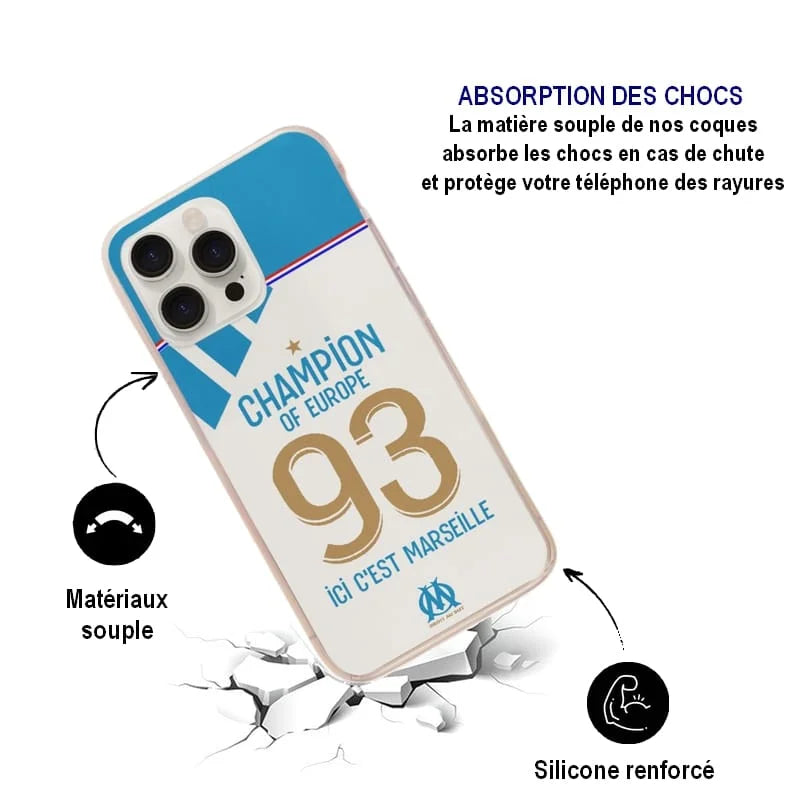 Schéma technique d'une coque de foot Marseille 93 montrant l'absorption des chocs et le silicone renforcé.