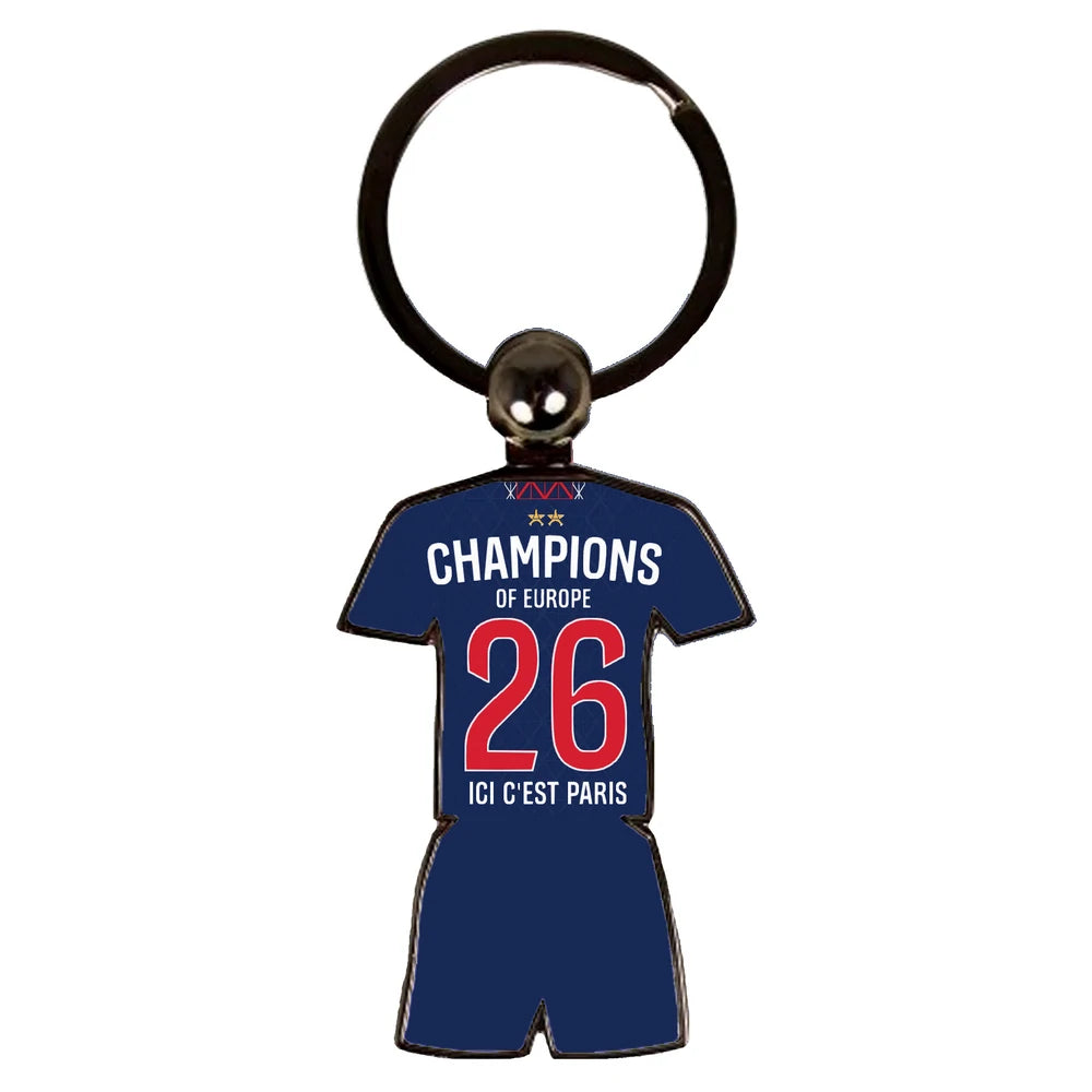 Porte-clés en métal réplique du maillot domicile de Paris Champion d’Europe 2026