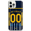 Coque de téléphone basket Dijon bleu marine et jaune, avec motifs d’éclairs bleu clair, inscription « AU CHOIX » et numéro « 00 »