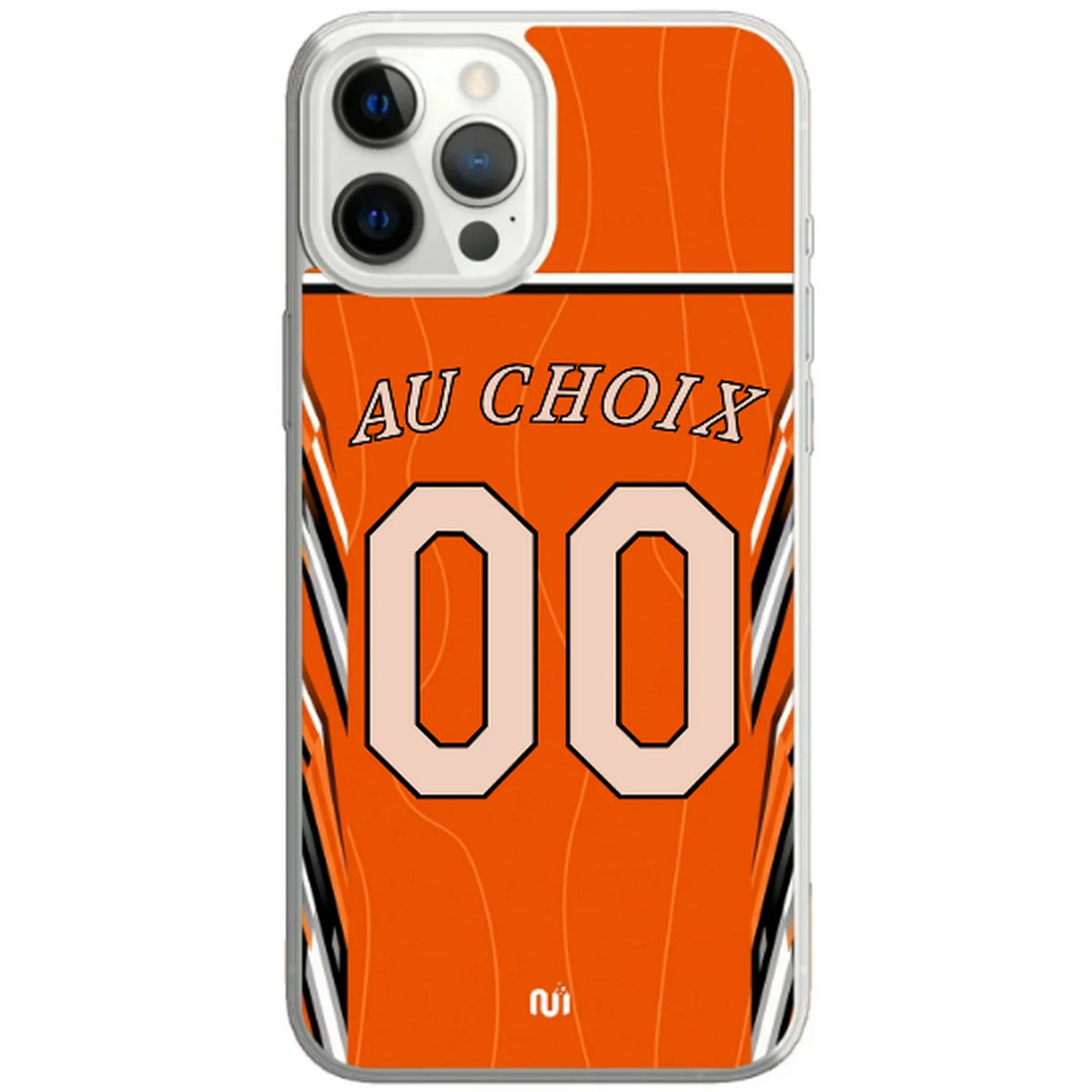Coque de téléphone basket Le Mans 2026-2027 orange, avec motifs noirs et blancs, inscription « Au choix » et numéro 00.