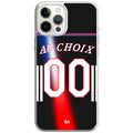 Coque de téléphone basket Paris noire avec détails bleu et rouge, nom et numéro personnalisables, présentée avec « AU CHOIX » et « 00