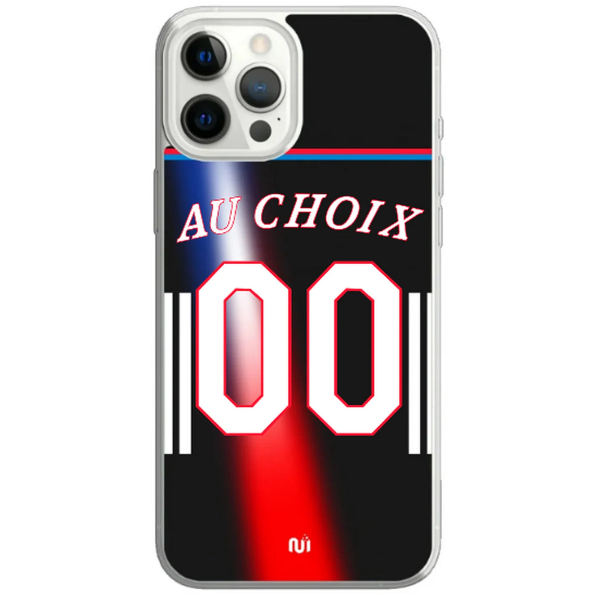 Coque de téléphone basket Paris noire avec détails bleu et rouge, nom et numéro personnalisables, présentée avec « AU CHOIX » et « 00
