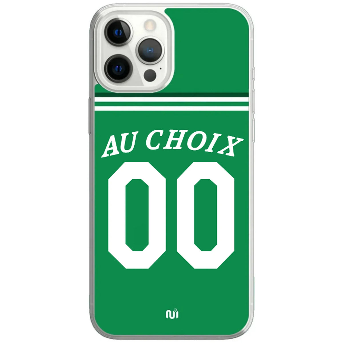 Coque de téléphone style maillot Boston Celtics, verte avec bandes blanches, texte « Au choix » et numéro 00 blanc.