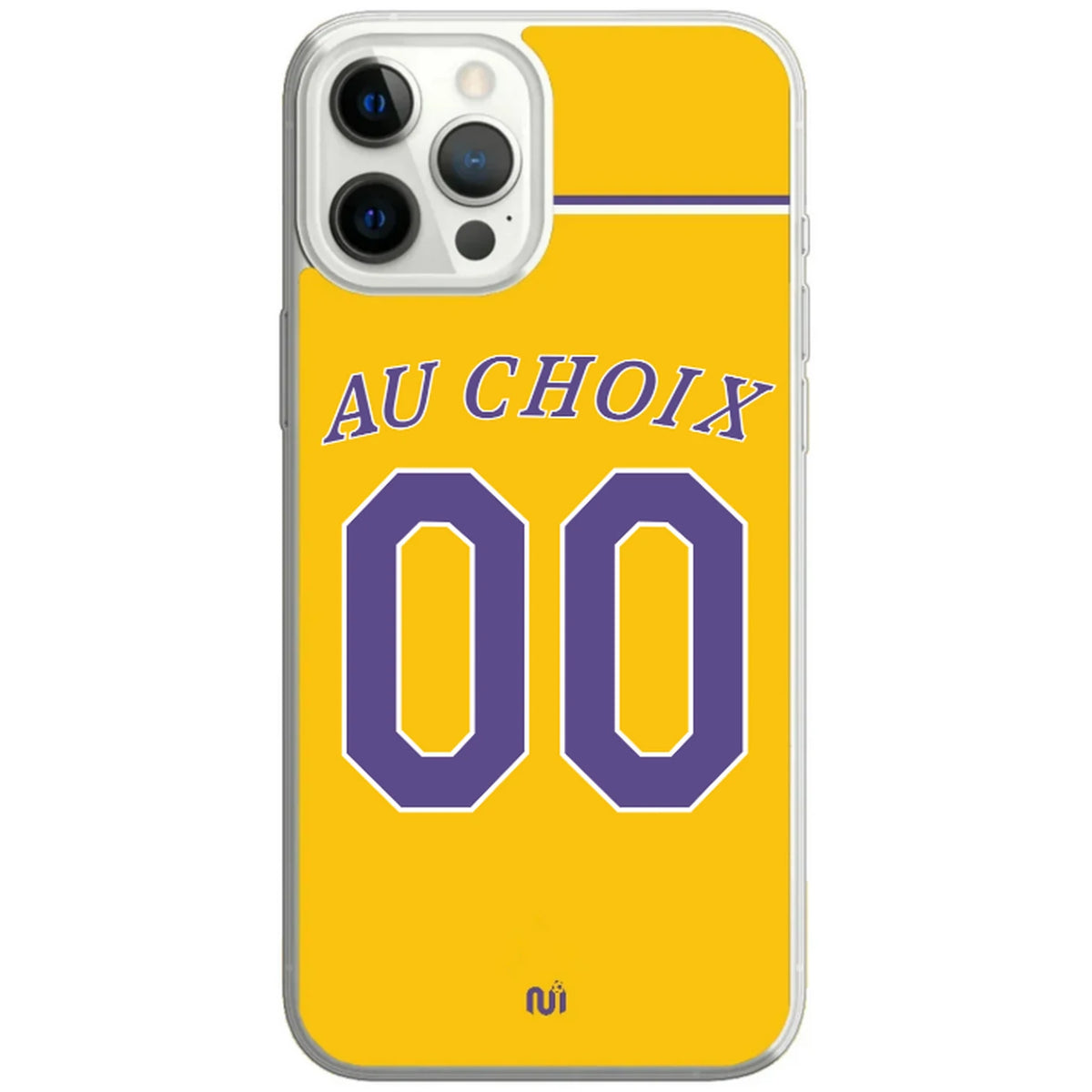 Coque de téléphone style maillot Los Angeles Lakers, jaune avec bandes violette et blanche, texte « Au choix » et numéro 00 violets.