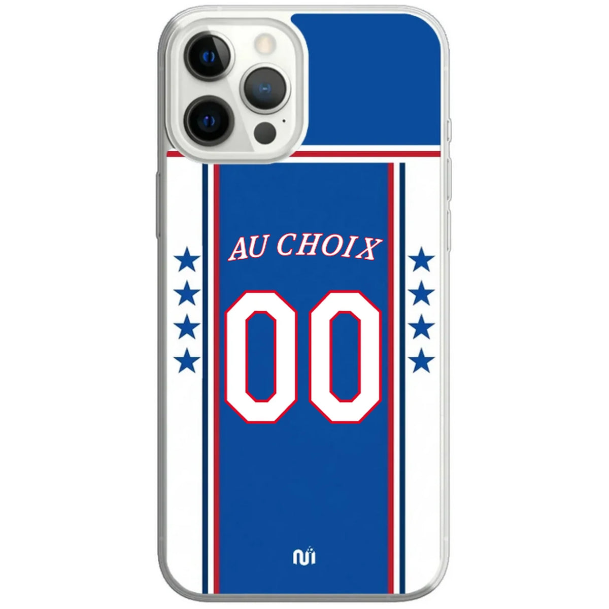Coque de téléphone style maillot Philadelphie 76ers, bleue, blanche et rouge, avec étoiles, texte « Au choix » et numéro 00.