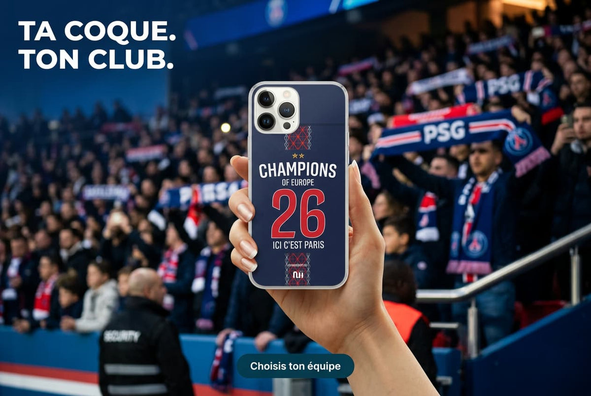 Coque téléphone PSG personnalisable Champions d'Europe 2026 - Ici c'est Paris - Ma Coque Sport