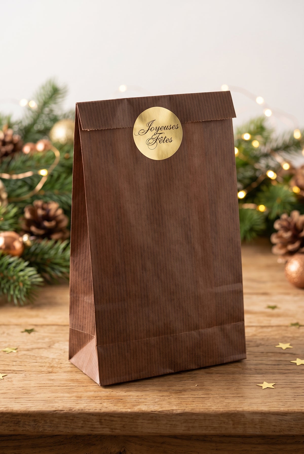 Enveloppe cadeau marron avec autocollant doré “Joyeuses Fêtes