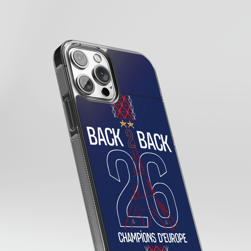 Coque Paris Back 2 Back 2026, gros plan sur les deux étoiles et le contour transparent de l’appareil photo