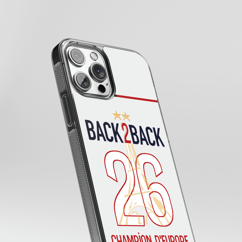 Coque Paris Back 2 Back Extérieur 2026, gros plan en biais sur le motif et le contour transparent. 