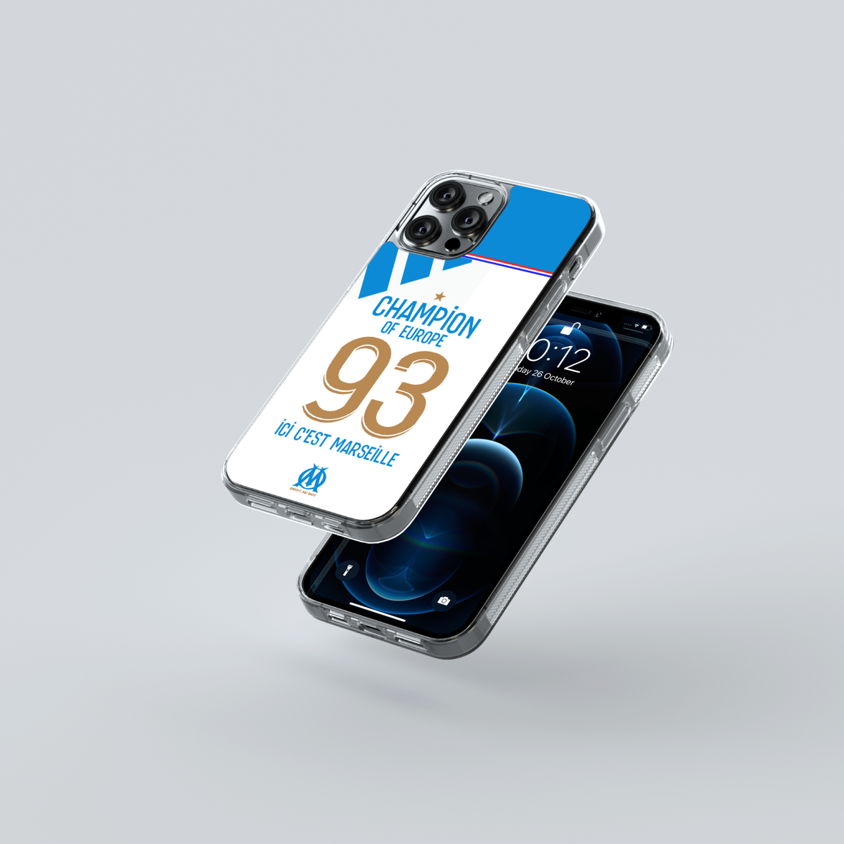 Coque Marseille Champion d’Europe 1993 sur un téléphone, présentation des faces avant et arrière. 