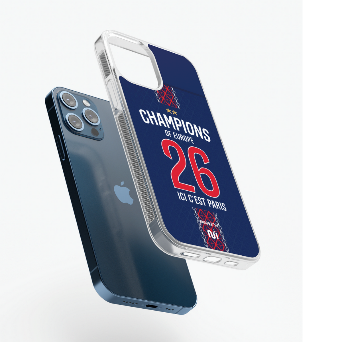 Coque Paris Champions d’Europe 2026 domicile présentée séparément du téléphone, avec ses bords transparents.