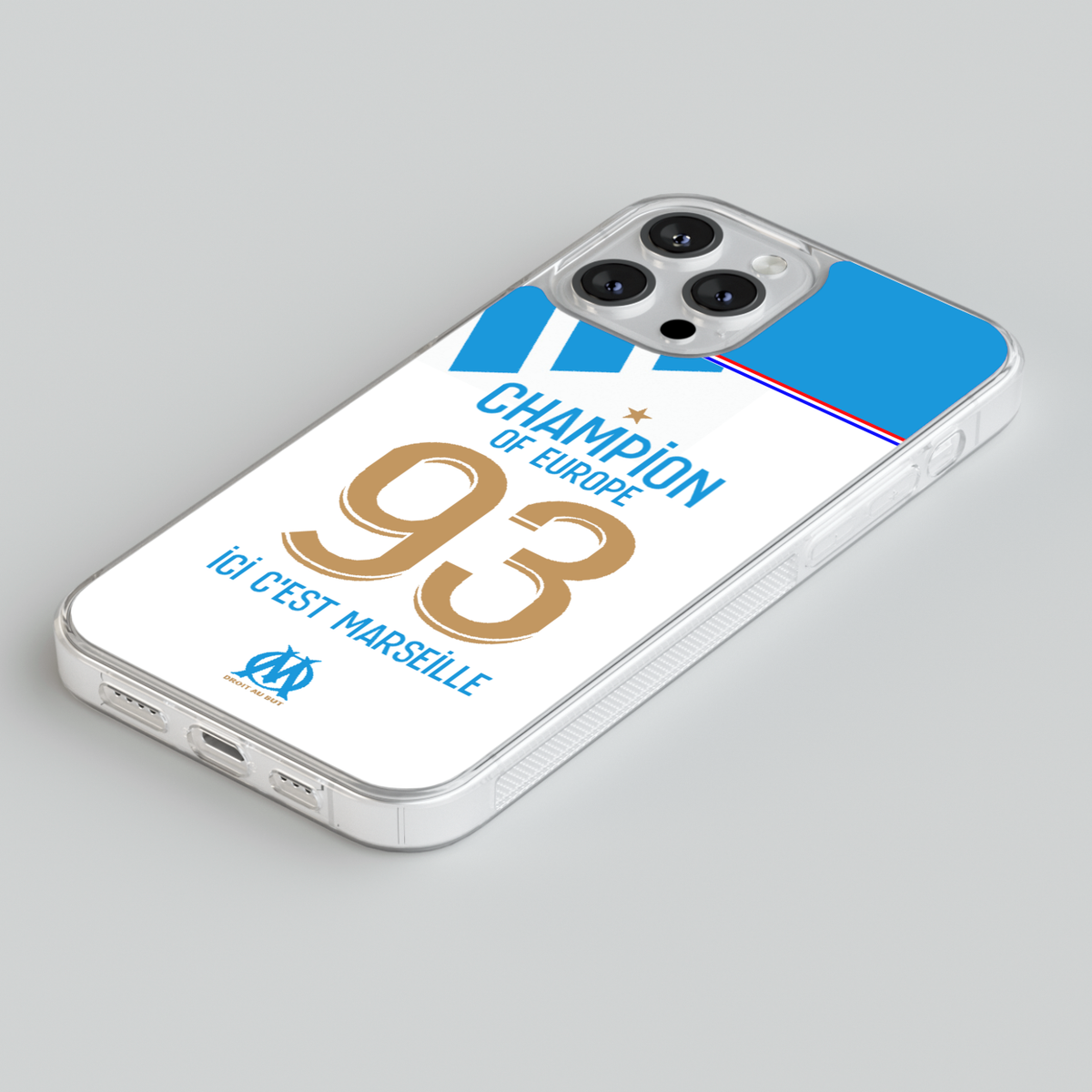 Coque Marseille Champion d’Europe 1993 sur un téléphone, vue de dos en perspective avec numéro 93 doré