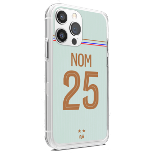 Coque de téléphone personnalisée Équipe de France Coupe du Monde 2026 design maillot extérieur vert menthe avec nom et numéro du supporter