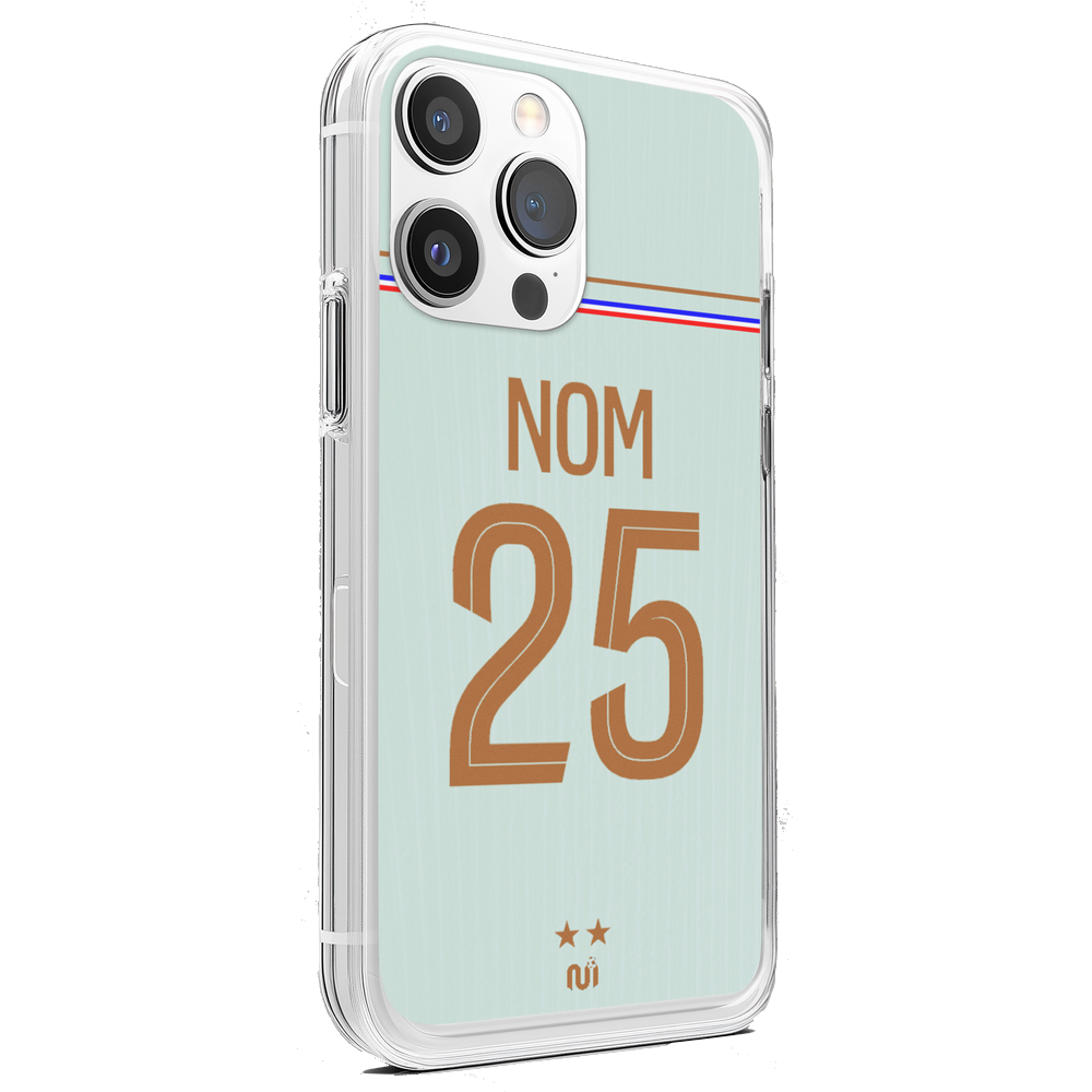 Coque de téléphone personnalisée Équipe de France Coupe du Monde 2026 design maillot extérieur vert menthe avec nom et numéro du supporter