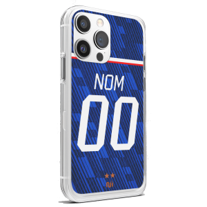Coque de téléphone personnalisée Équipe de France Coupe du Monde 2026 design maillot domicile bleu avec nom et numéro du supporter