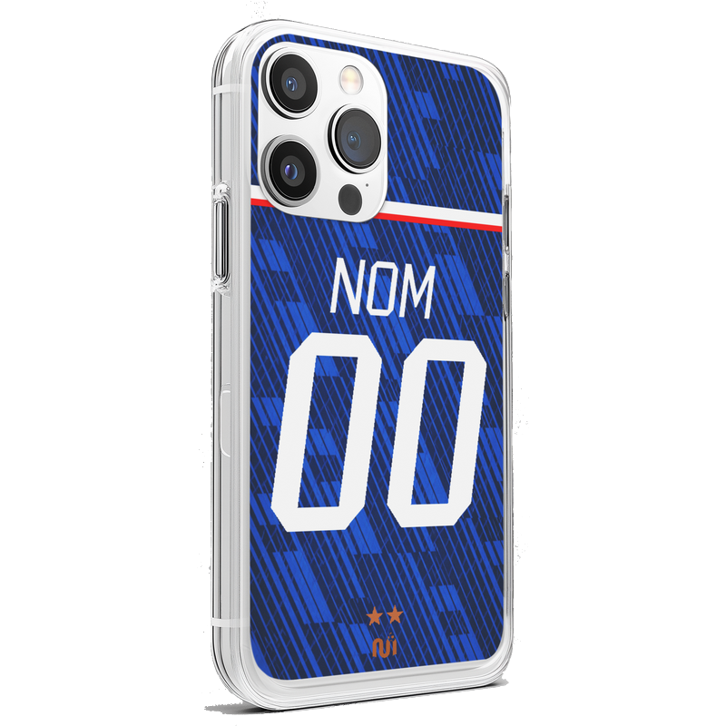 Coque de téléphone personnalisée Équipe de France Coupe du Monde 2026 design maillot domicile bleu avec nom et numéro du supporter