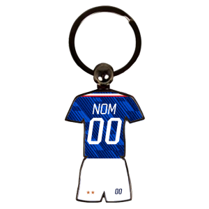 Porte-clés en forme de maillot de foot bleu de l'équipe de France avec deux étoiles dorées, personnalisé avec un nom et un numéro pour le mondial 2026.