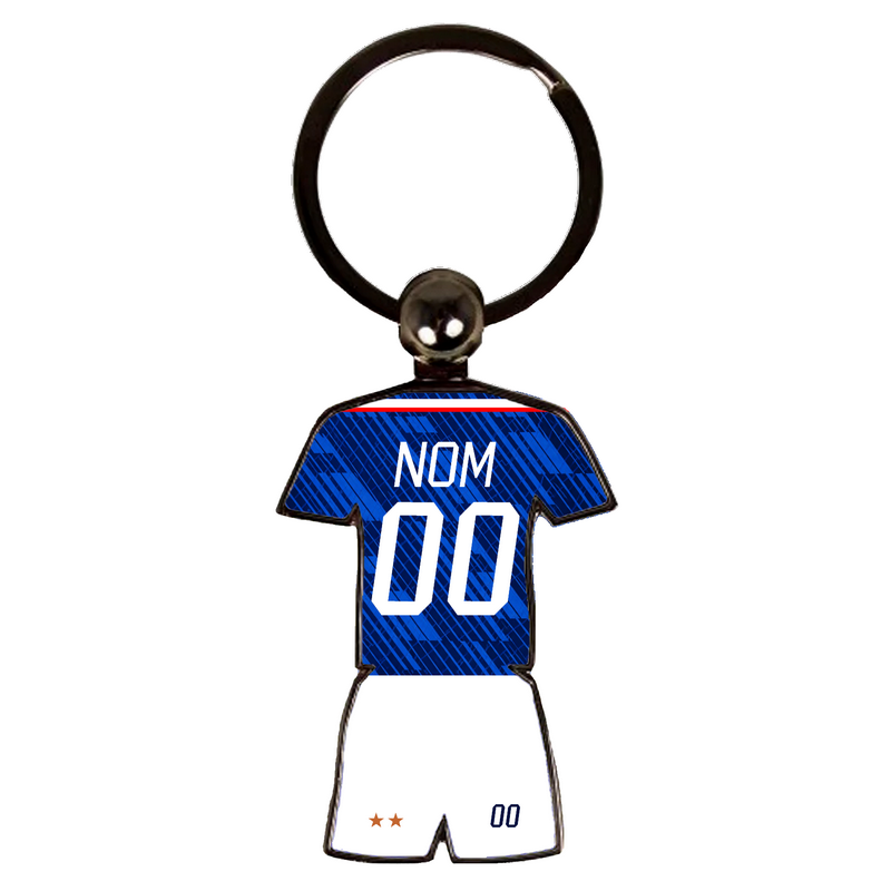 Porte-clés en forme de maillot de foot bleu de l'équipe de France avec deux étoiles dorées, personnalisé avec un nom et un numéro pour le mondial 2026.
