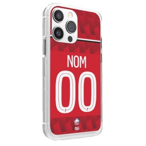 Coque de téléphone aux couleurs du maillot domicile du LOSC Lille saison 2025-2026, rouge avec détails bleu et blanc, personnalisable avec nom et numéro