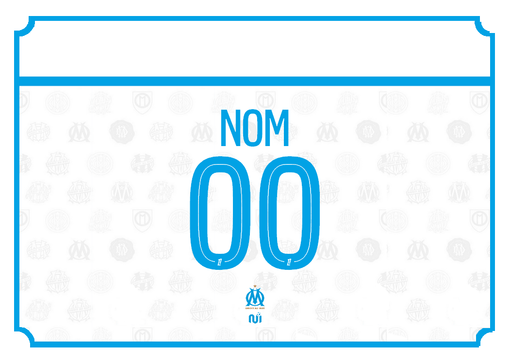 Plaque décorative de rue personnalisable aux couleurs de l'Olympique de Marseille, combinant un fond blanc et bleu azur avec un emplacement pour le nom et le numéro d'un joueur ou d'un supporter, ornée du logo de l'OM.