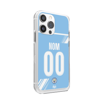 Coque de téléphone bleue ciel motif maillot domicile Manchester City saison 2025 2026 personnalisée avec nom et numéro.