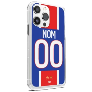 Coque de protection transparente pour smartphone avec le design officiel du maillot domicile de Paris pour la saison 2026 2027 et le blason surmonté de deux étoiles dorées.