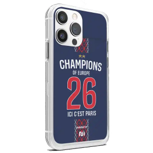 Coque de protection transparente pour smartphone avec un design de maillot de foot bleu et rouge de Paris, affichant le numéro 26, l'inscription Champions of Europe et deux étoiles dorées