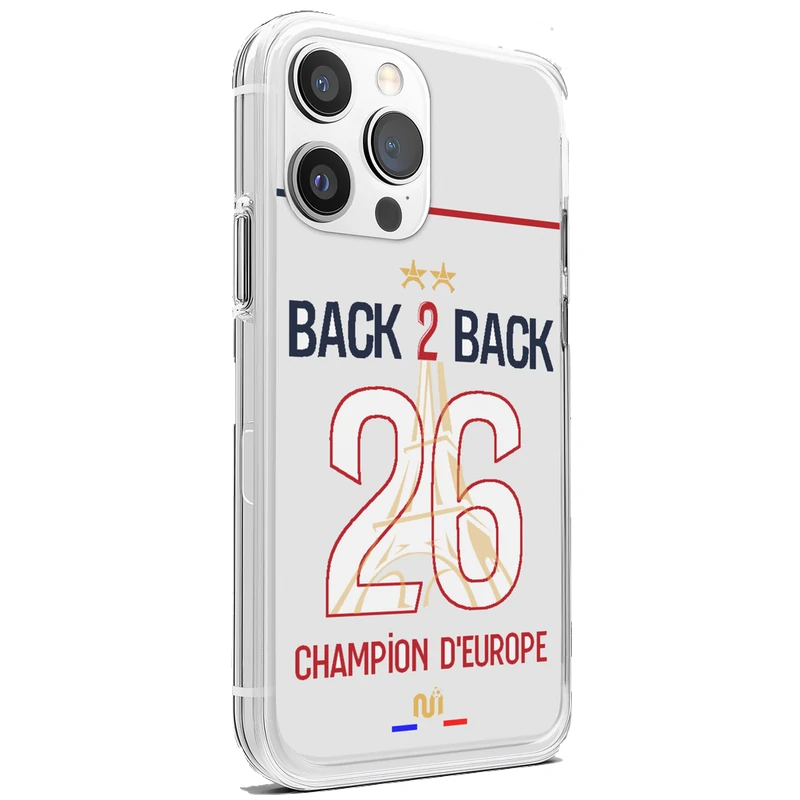 Coque paris back to back version maillot extérieur blanc de Paris avec numéro 26 épuré et silhouette de la Tour Eiffel pour le doublé européen 2026